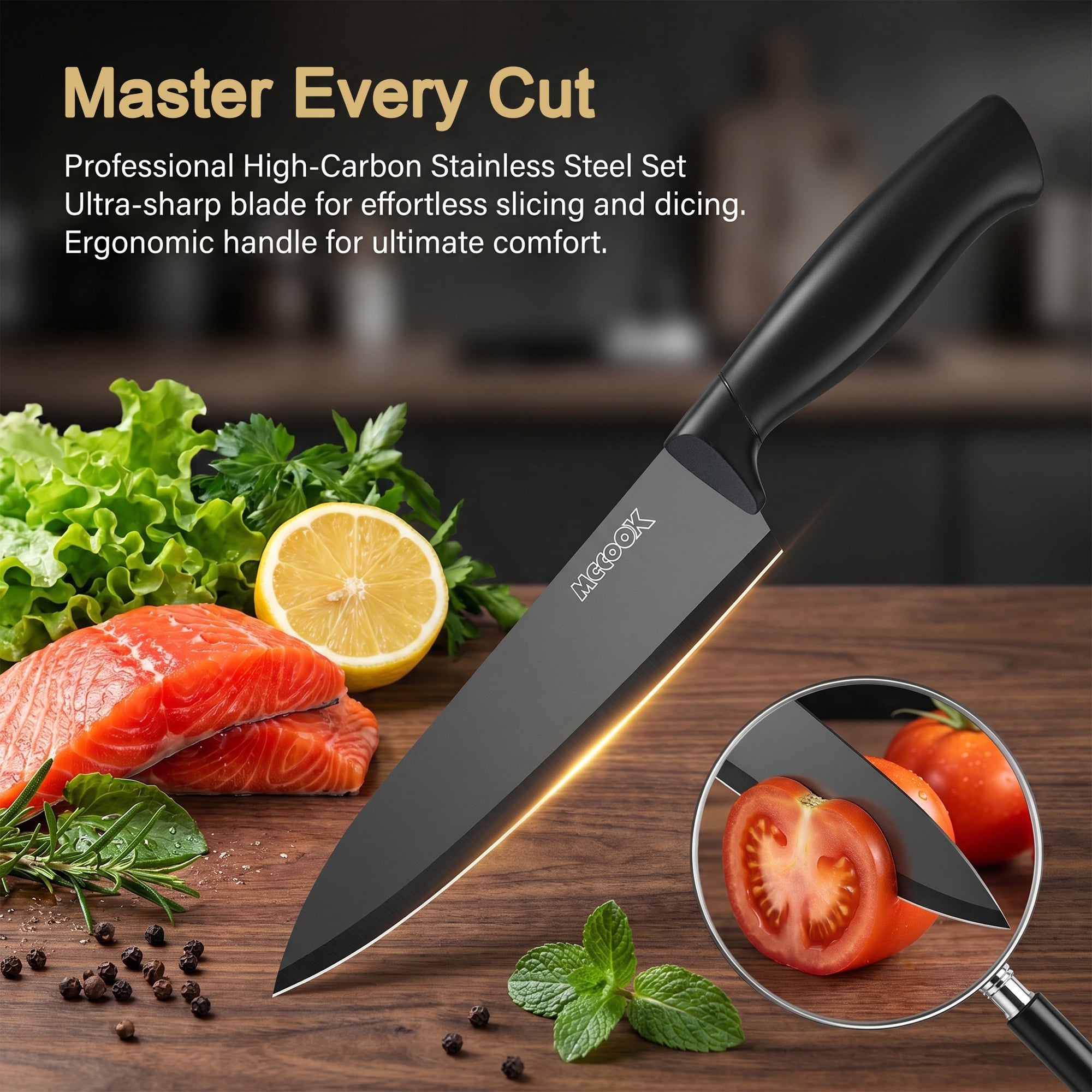 MoCook Kitchen Knife Set, 16 Pcs Knives Block Set with Built-in Sharpener, Healthy Anti-Rust Coating & German Stainless Steel Knife Set, Dishwasher Safe Black