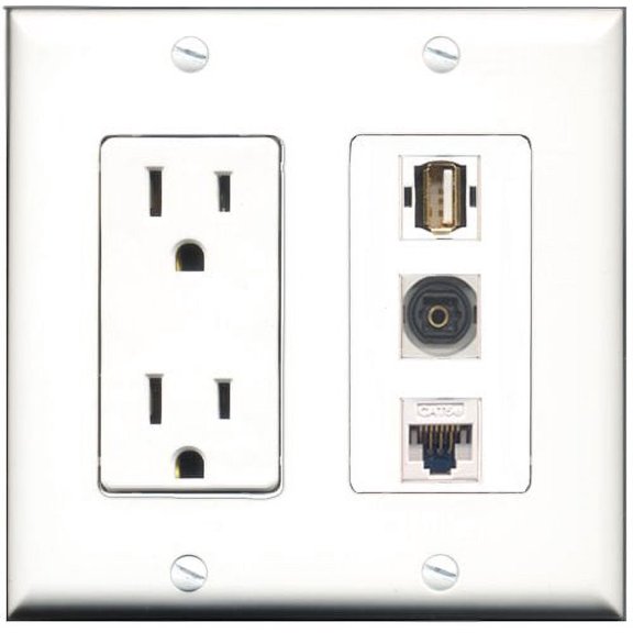 RiteAV - 15 Amp Power Outlet 1 Port USB A-A 1 Port Toslink 1 Port Cat5e Ethernet White Decorative Wall Plate