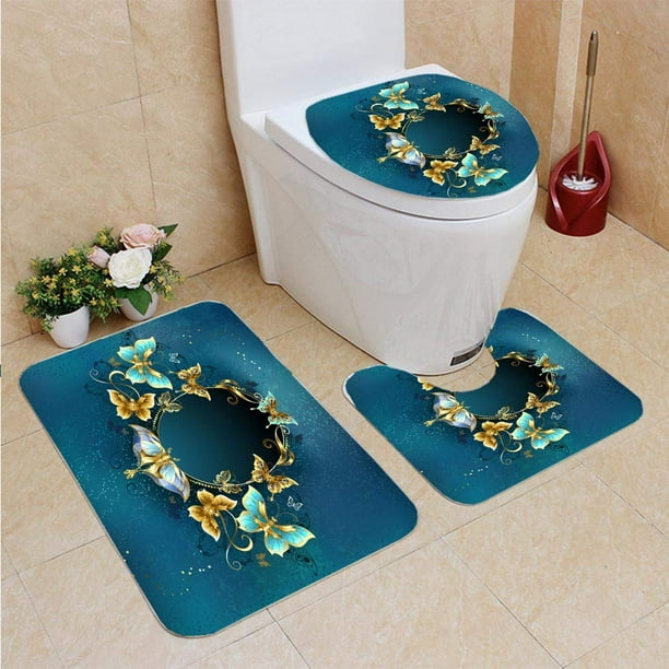 PUDMAD Oval Banner Luxurious Butterflies 3 Piece Bathroom Rugs Set Bath
