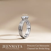 JeenMata 1.50 Carat Princess Cut Moissanite Wedding Set - Bridal Set - Channel Set Ring - Handmade Ring - 18k White Gold Plated for Women