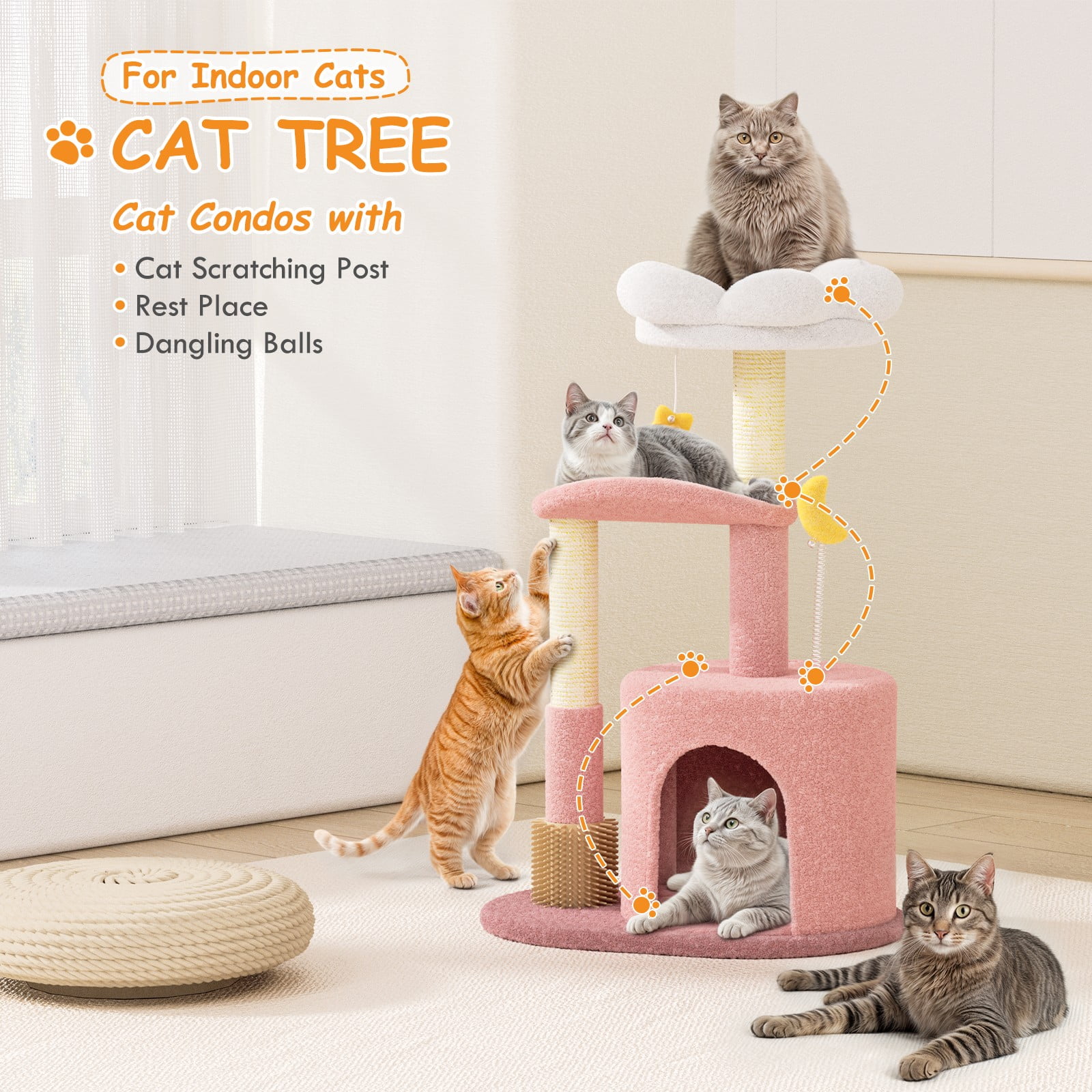 OSM 33-inch Floral Cat Tree for Indoor Cats, Compact Cat Tower with Scratching Posts, Cozy Condo, Flower Perch & Dangling Toys for Kittens & Small Cats, Pink