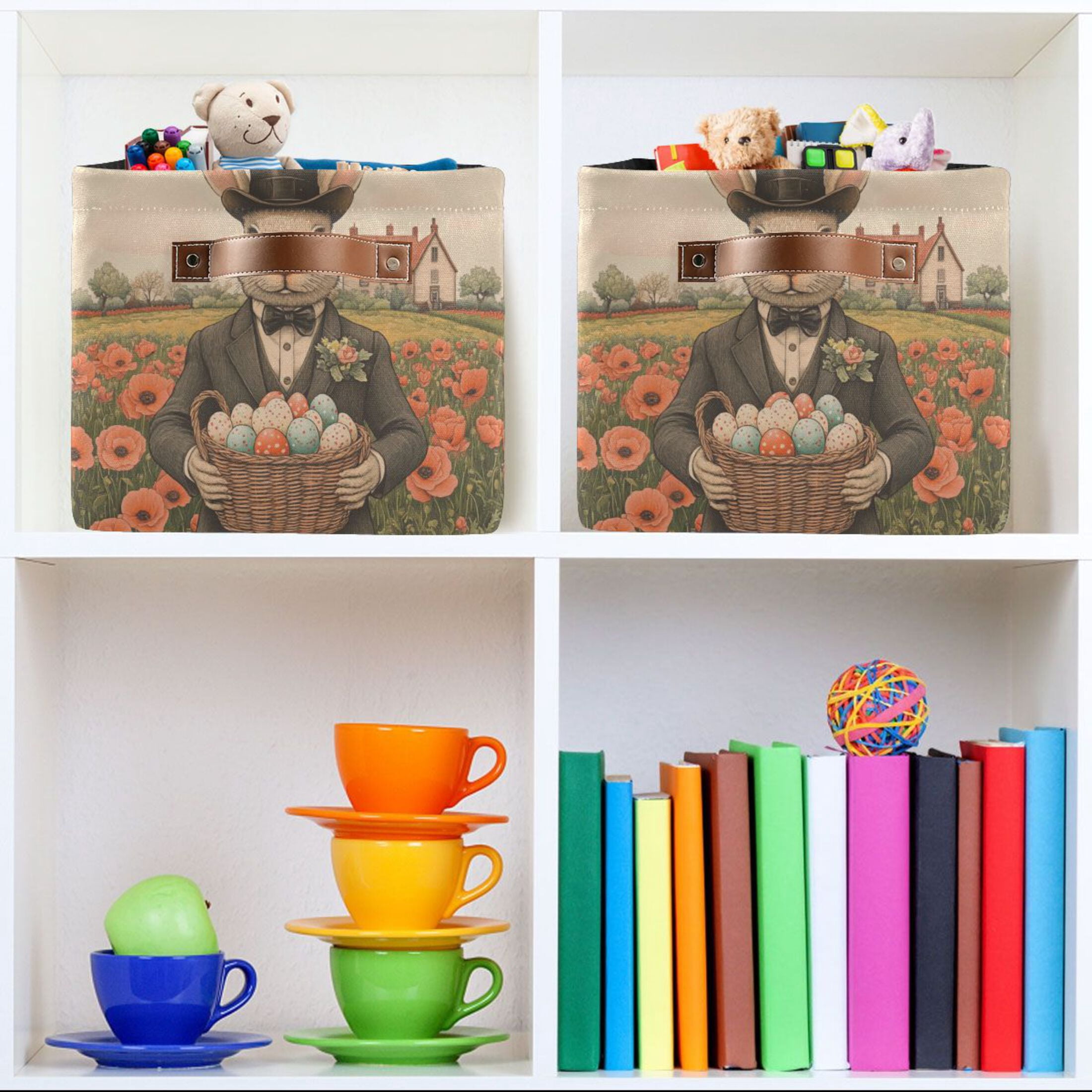 WOBOGO Mister Easter Bunny Square Storage Basket with Waterproof Canvas and PE Lining Durable PU Leather Handles 14.2×10.2×8.3in