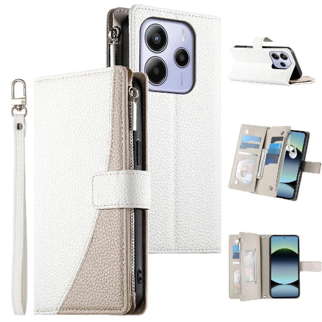 Funda cartera GANGXUN para Xiaomi Redmi Note 14 4G , cuero PU con tarjetero, cremallera, correa de mano, soporte y protección 1275°
