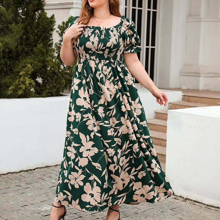 CKpwisy Summer Dresses for Women Plus Size Floral Print Maxi Dress Casual Square Neck Ruffle Short Sleeve Long Dress Trendy Smocked Tiered Casual Beach Dress with Pockets Walmart
