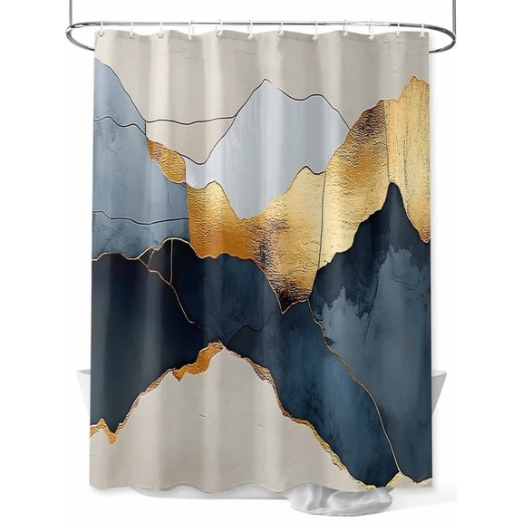 Fsddascl Blue Gold Mountain Shower Curtain Set - Standard 72" x 72" Washable Bathtub Curtain with 12 Hooks, Country Abstract Marble Texture Waterproof Fabric Stall Shower Curtains for Bathroom