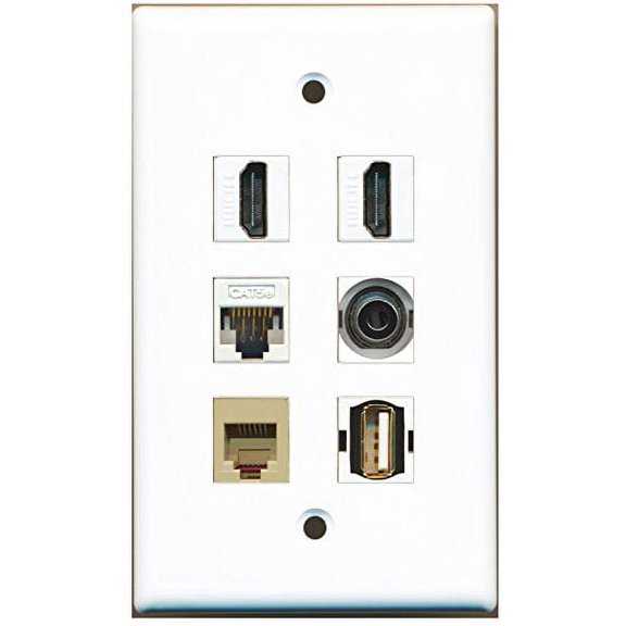 RiteAV - 2 HDMI 1 Port USB A-A 1 Port Phone RJ11 RJ12 Beige 1 Port 3.5mm 1 Port Cat5e Ethernet White Wall Plate