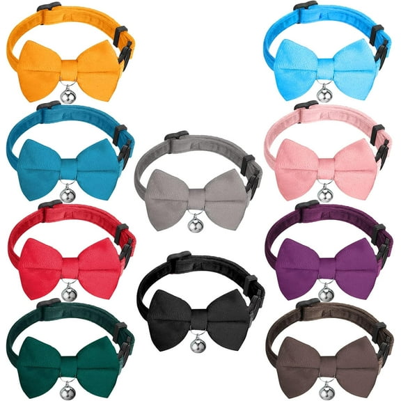 BlinkLLX 10 Pieces Cat Bowtie Collars with Bell Solid Colors Kitten Bow Breakaway Cat Bowtie for Boys Girls Adjustable Pet Collar with Safety Buckle Kitten Puppy Pet Accessories