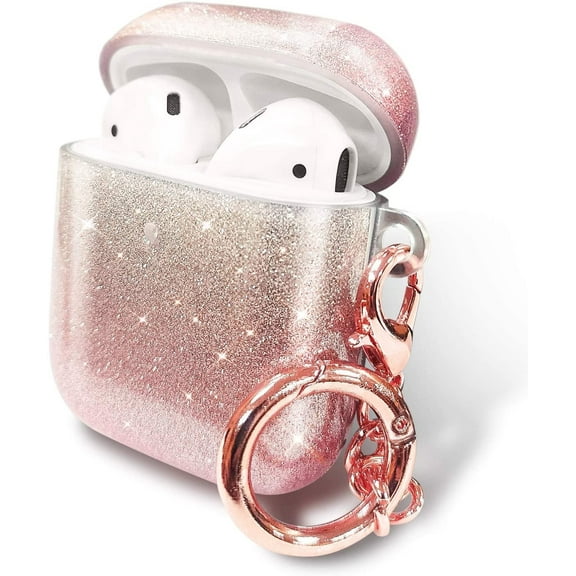 Nagebee Apple AirPods 1 & 2 Glitter Wireless Charging AirPods Case with Rose Gold Keychain, Pink