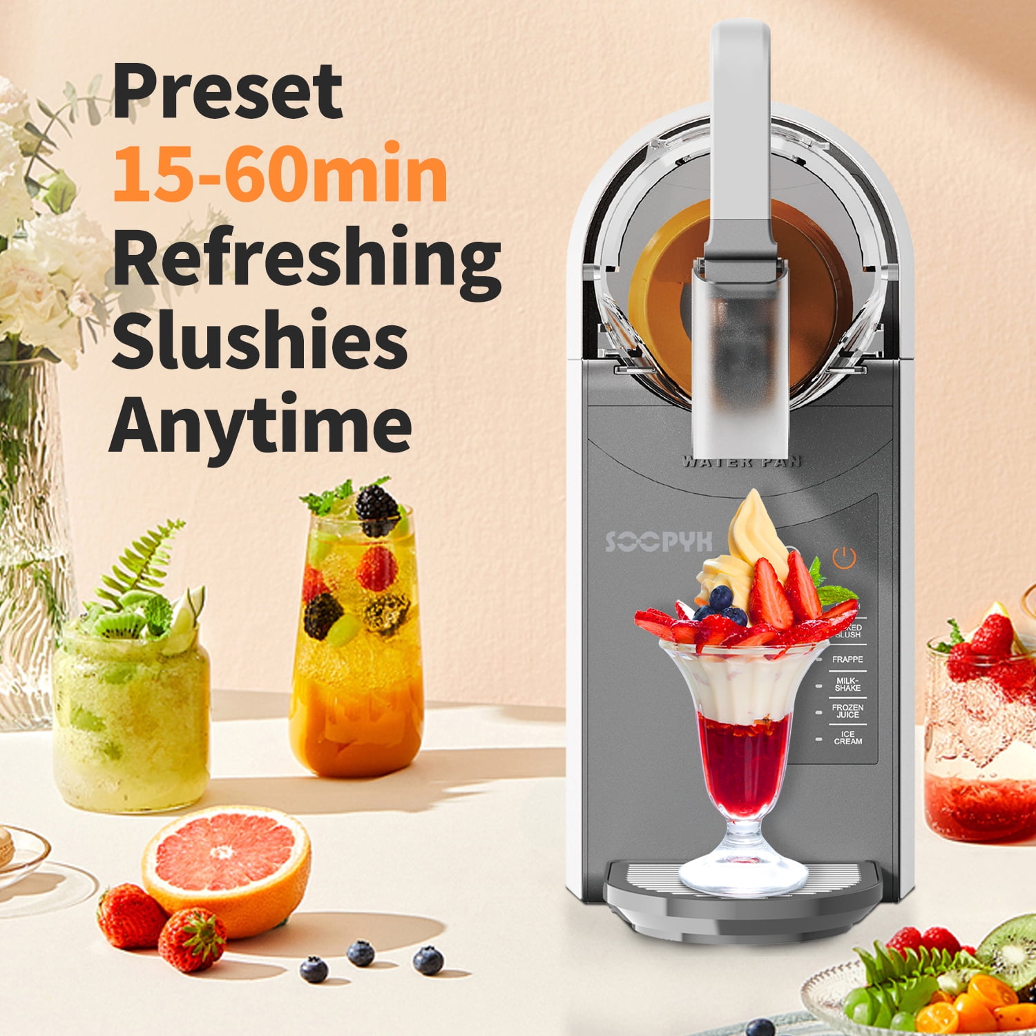 SOOPYK Slushie Machine,Frozen Drink Maker with Self-Cleaning for Home,Rapid Chill Technology,No Ice Needed,Adjustable Hardness,6 Preset,Gray&Sliver,Margaritas, Frappes,Milkshakes