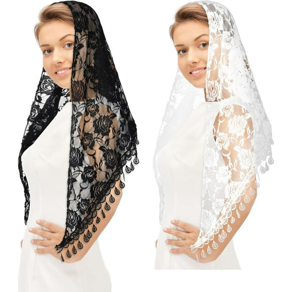 2 Pcs Lace Veil Mass Veil Triangle Mantilla Veil Catholic Veils for Women Mass Cathedral Head Covering Chapel Veils with Fringed Latin Mass Head Covering Veils Church Veils for Women