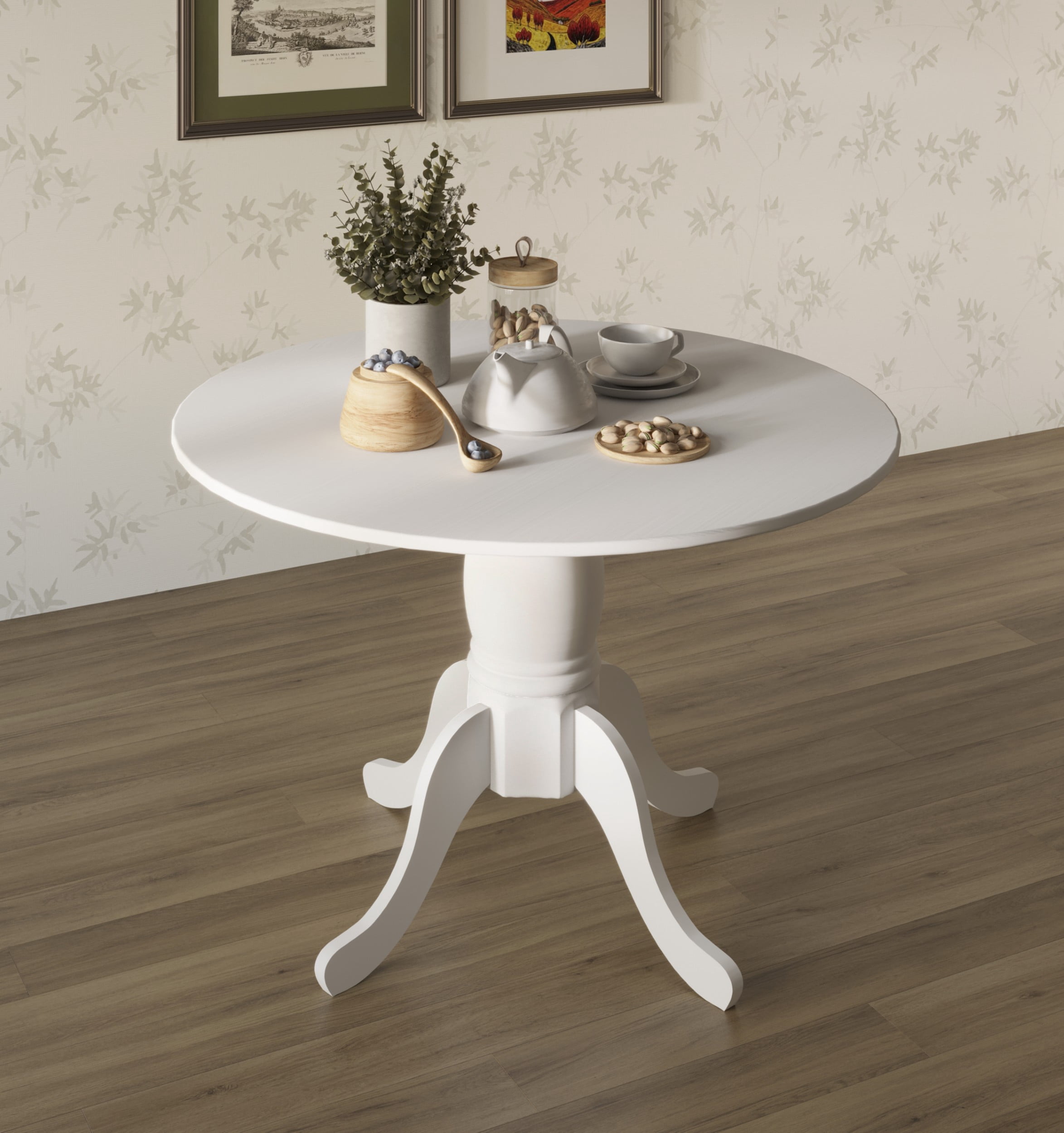 Home Design Olivia Dining Table with Round Pedestal Top, Mid-Century Modern Style, Easy Assembly, White
