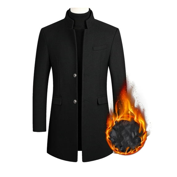 Capreze Men's Trench Coats Long Sleeve Jacket Lapel Pea Coat Mid Length Overcoats Solid Color Outwear Black (thickened) L