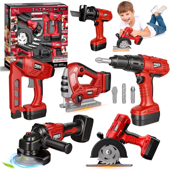 Chuvikid 6 in 1 Realistic Construction Tool Toy,Kids Tool Set with Drill,Wrench,Circular Saw,Tool Playset Gifts for Kids Ages 3-12 Years Old