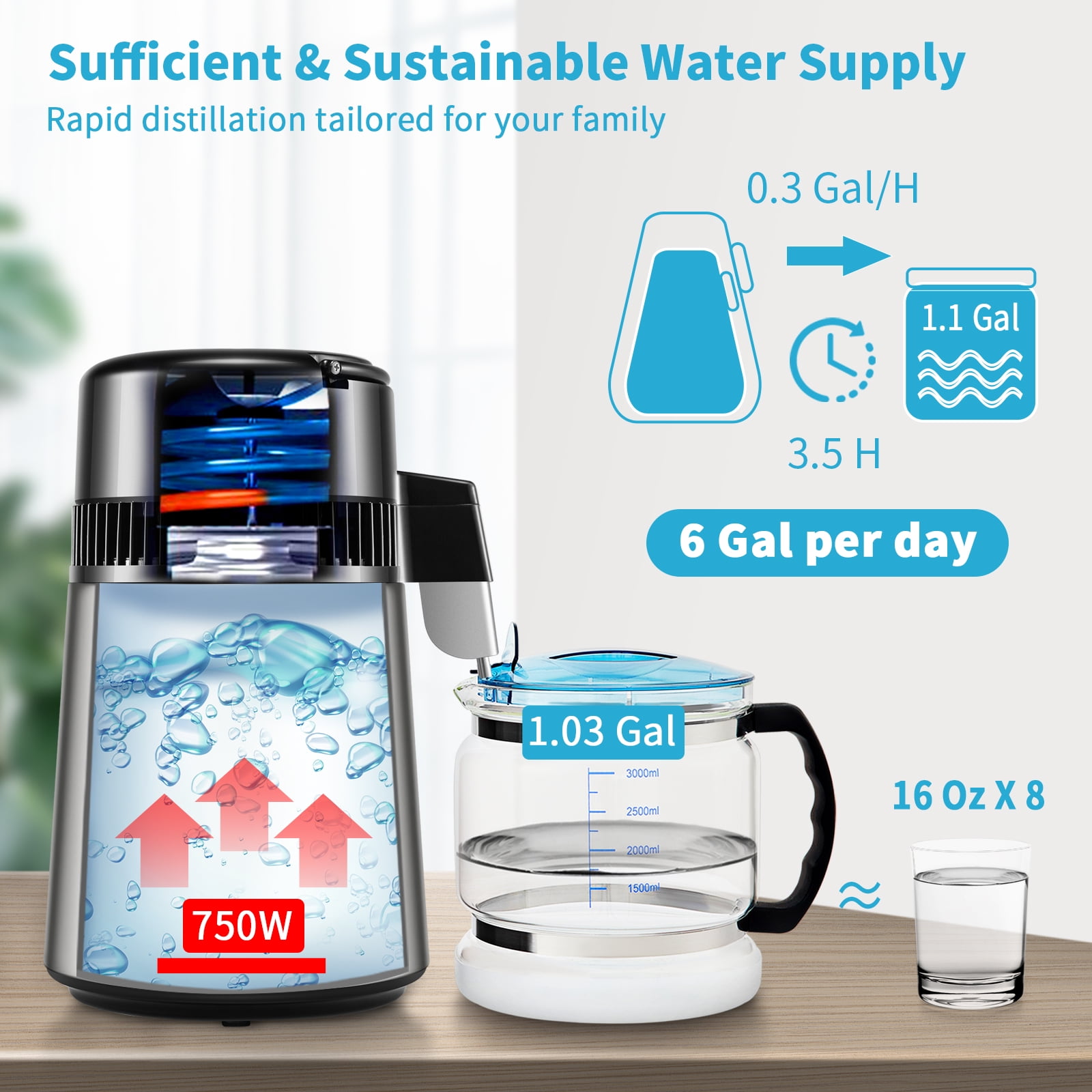 BENTISM 4L 750W Water Distiller with Dual Temp Display & Glass Carafe, Silver