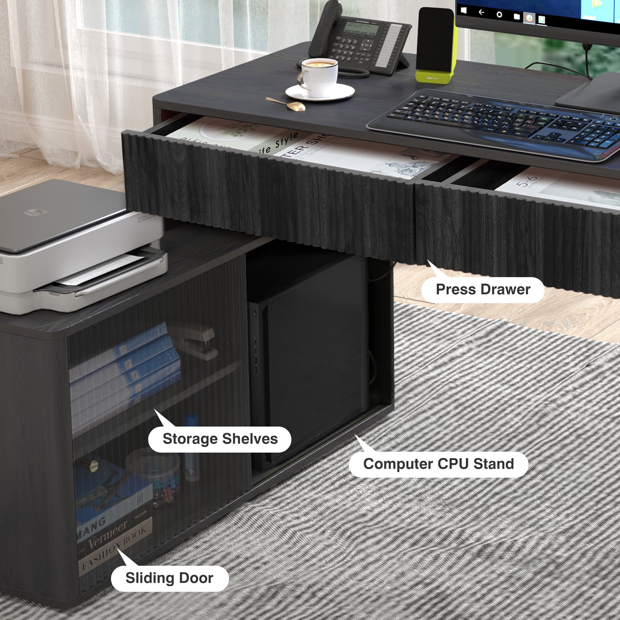 Wirrytor Modern L Shaped Desk with 2 Drawers and 2 Storage Shelves, Corner Computer Desk for Home Office, Space Saving L-Shaped Desk with Sliding Door Cabinet and Printer Stand