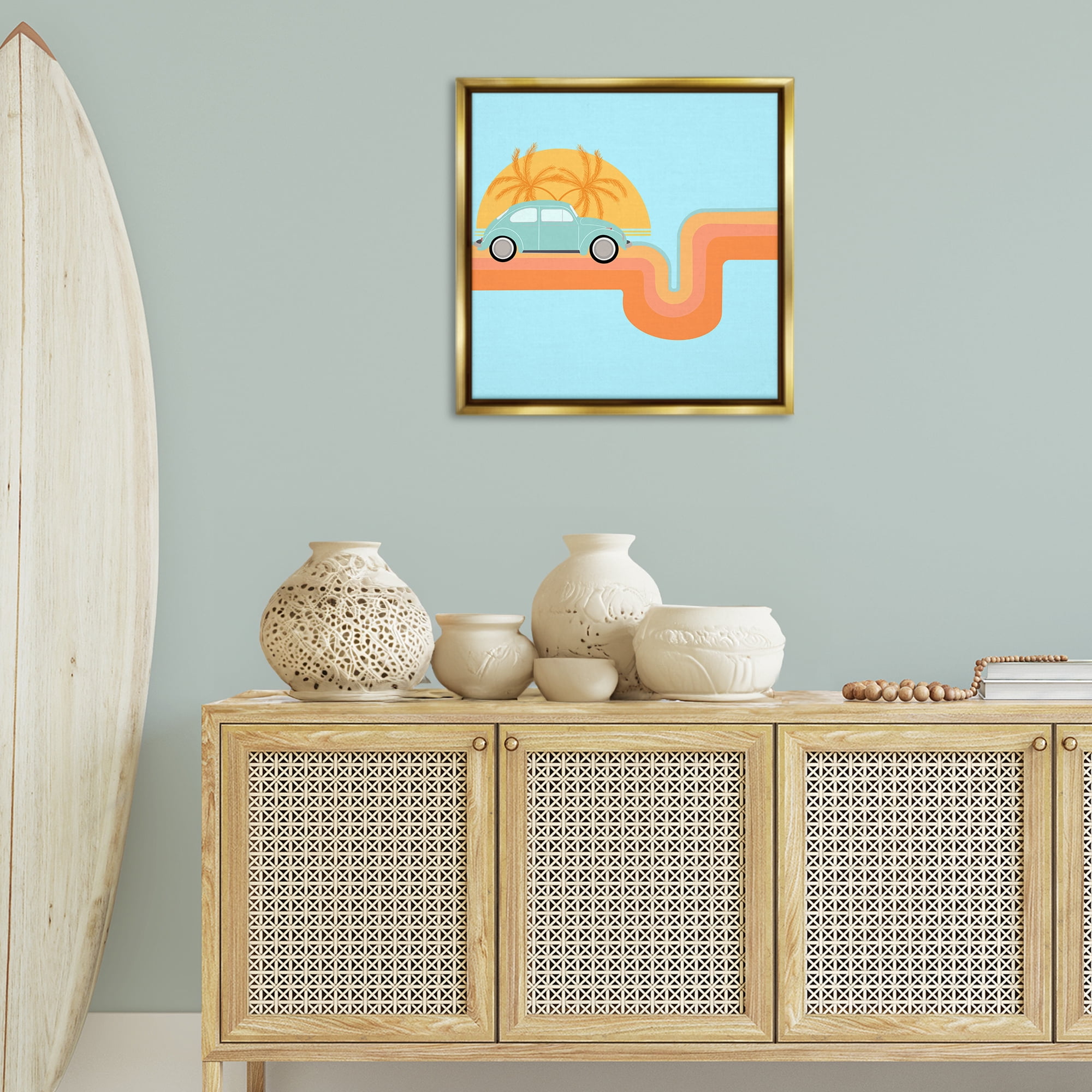 Stupell Industries Retro Tropical Cruisin' Transportation Painting Gold Floater Framed Canvas Art Print Wall Art, 25 x 25