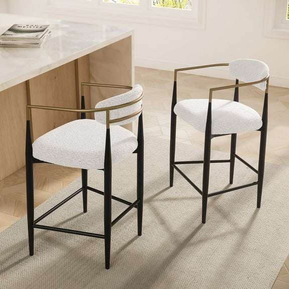 Modern White Boucle Counter Height Bar Stool for Kitchen Island, Metal Frame Dining Room Chair Barstools Set of 2