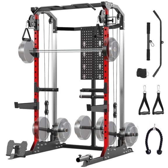 2000LB Power Cage Squat Rack with Dual Pulley Cable Crossover – Multi-Function Strength Training Machine – Full Body Home Gym with Attachments – PN082N2 Red Column (Compliant with FedEx 110lb Rule)