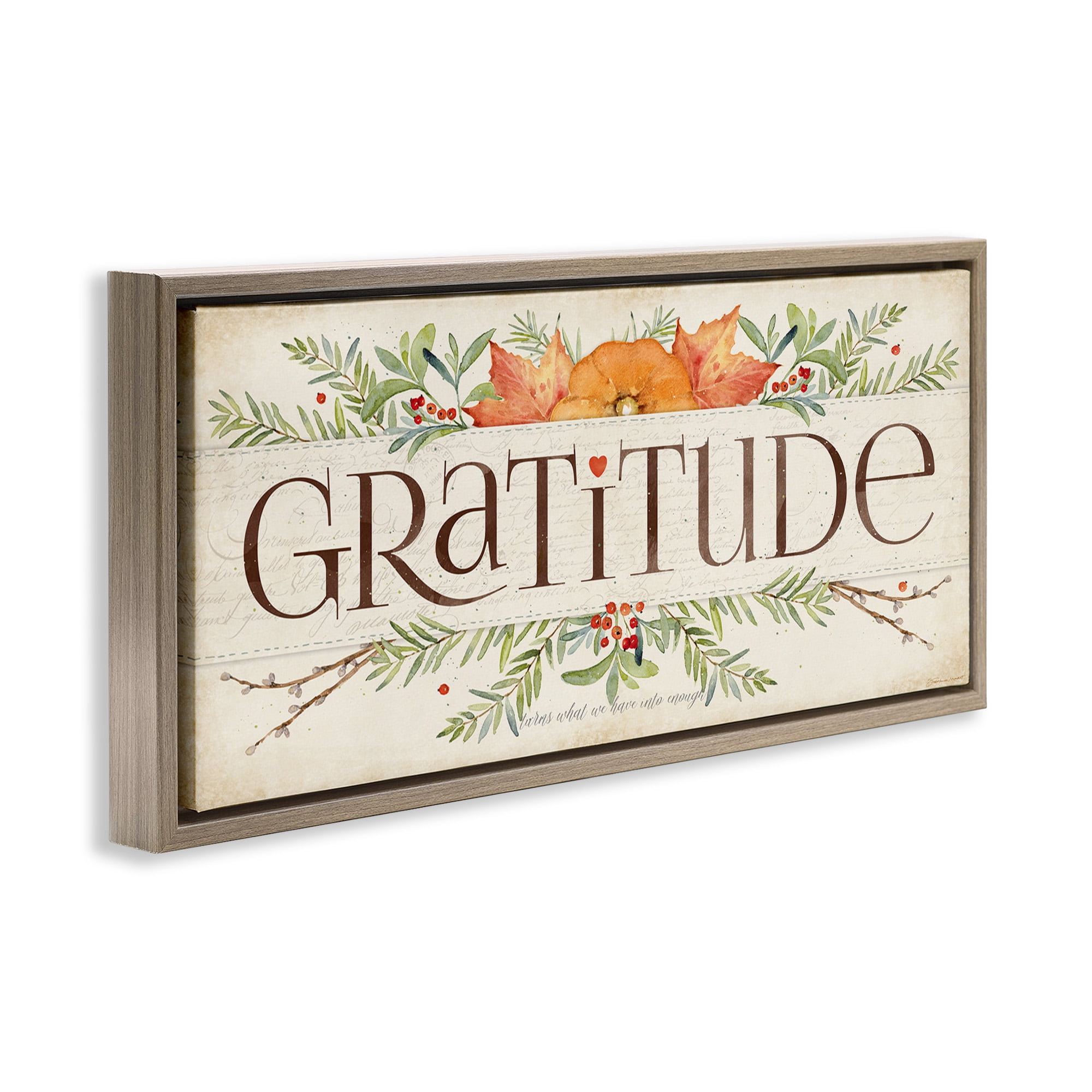Stupell Industries Seasonal Gratitude Floral Leaves Typography Painting Brown Floater Framed Canvas Art Print Wall Art, 31 x 14