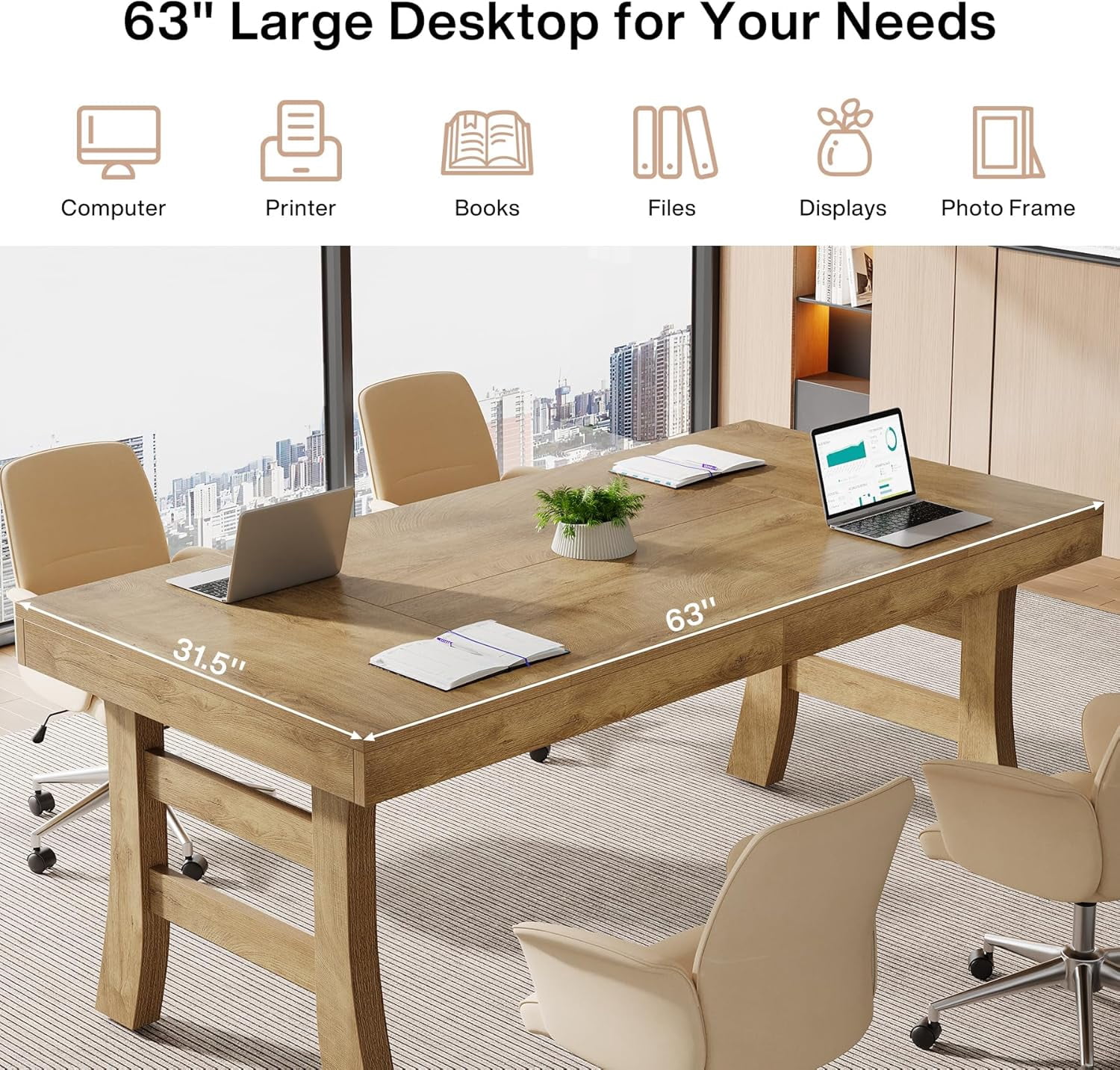 Tribesigns 63" Farmhouse Office Executive Desk, Wood Writing Table for Home Office, Light Brown