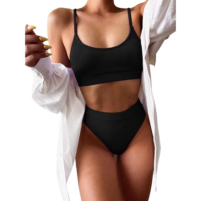 Ensemble Bikini String Taille Haute Côtelé 2 Pcs pour Femmes