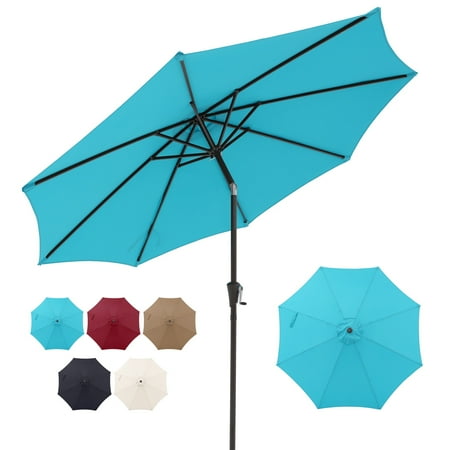 9ft Outdoor Patio Umbrella, with Push Button Tilt and Crank Sysytem, Sturdy Power Coated Frame, for Garden, Poolside, Deck and Backyard, Blue