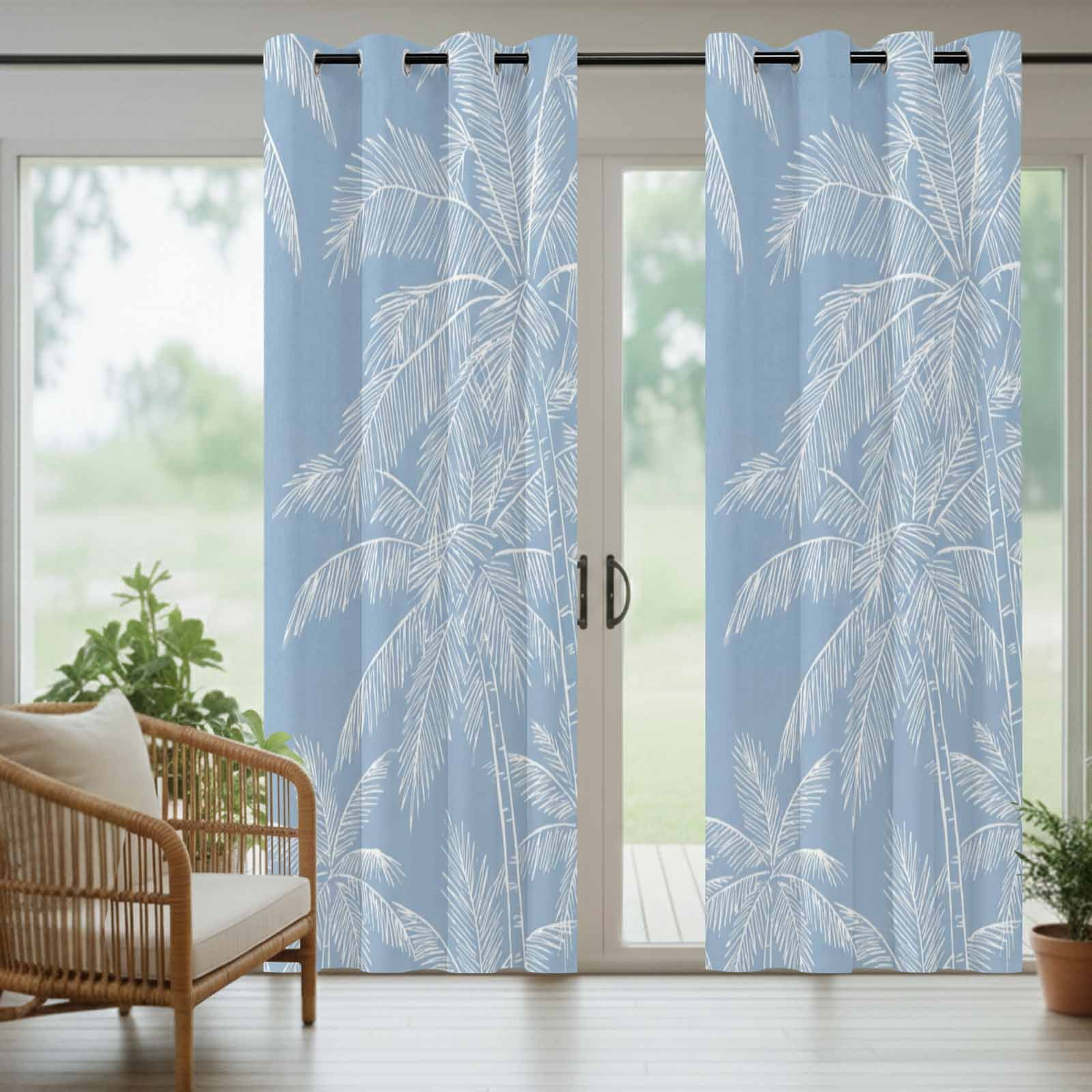 Summer Beach Outdoor Curtains for Patio, Graffiti White Palm Trees Abstract Plant Blue Coastal Sunshade Privacy Drapes Grommet Waterproof Outside Curtains for Porch/Cabana/Balcony 54"x 108", 1 Panel