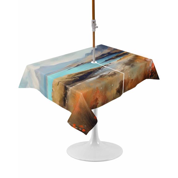 Outdoor Table Cloth with Umbrella Hole and Zipper, Mountain Waterproof Rectangle Tablecloth 60"x102", Modern Landscape Oil Painting Abstract Art Washable Table Cover for Outside Party Patio Picnic