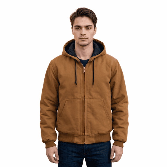 Men's Washed Cotton Canvas Hooded Jacket, Vintage Quilted Lined Workwear Zip Up Coat