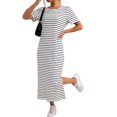 thumbnail image 2 of Women'S Crew Neck Short Sleeve All-over Striped Side Split Loose Midi Casual Dress Black & White L, 2 of 7