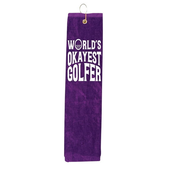 World's Okayest Golfer Purple Tri-fold Golf Towel With Grommet & Hook Club Ball Tee Golfing Gift Birthday 15" x 18"