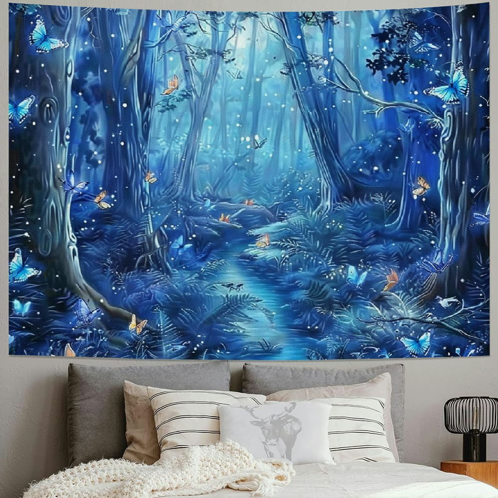 Jiayy Wall Tapestry, Psychedelic Blue Wonderland Butterfly Tree