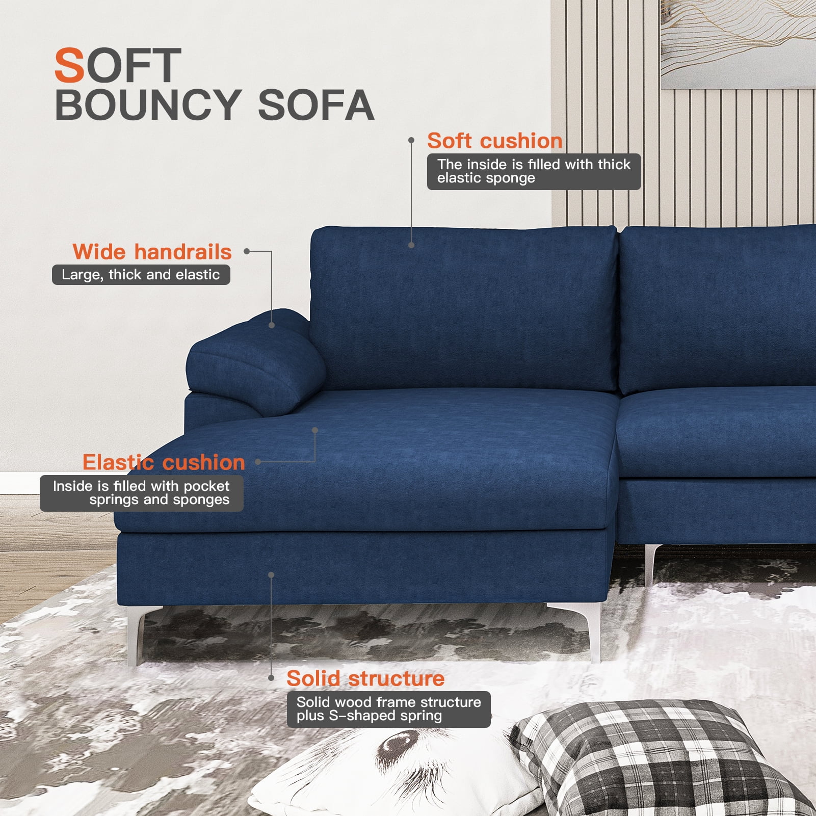 Kepooman Modern L-Shaped Convertible Sofa, Sectional Sofa Bed for Small Space Living Room, Blue Kepooman Modern L-Shaped Convertible Sofa, Sectional Sofa Bed for Small Space Living Room, Blue