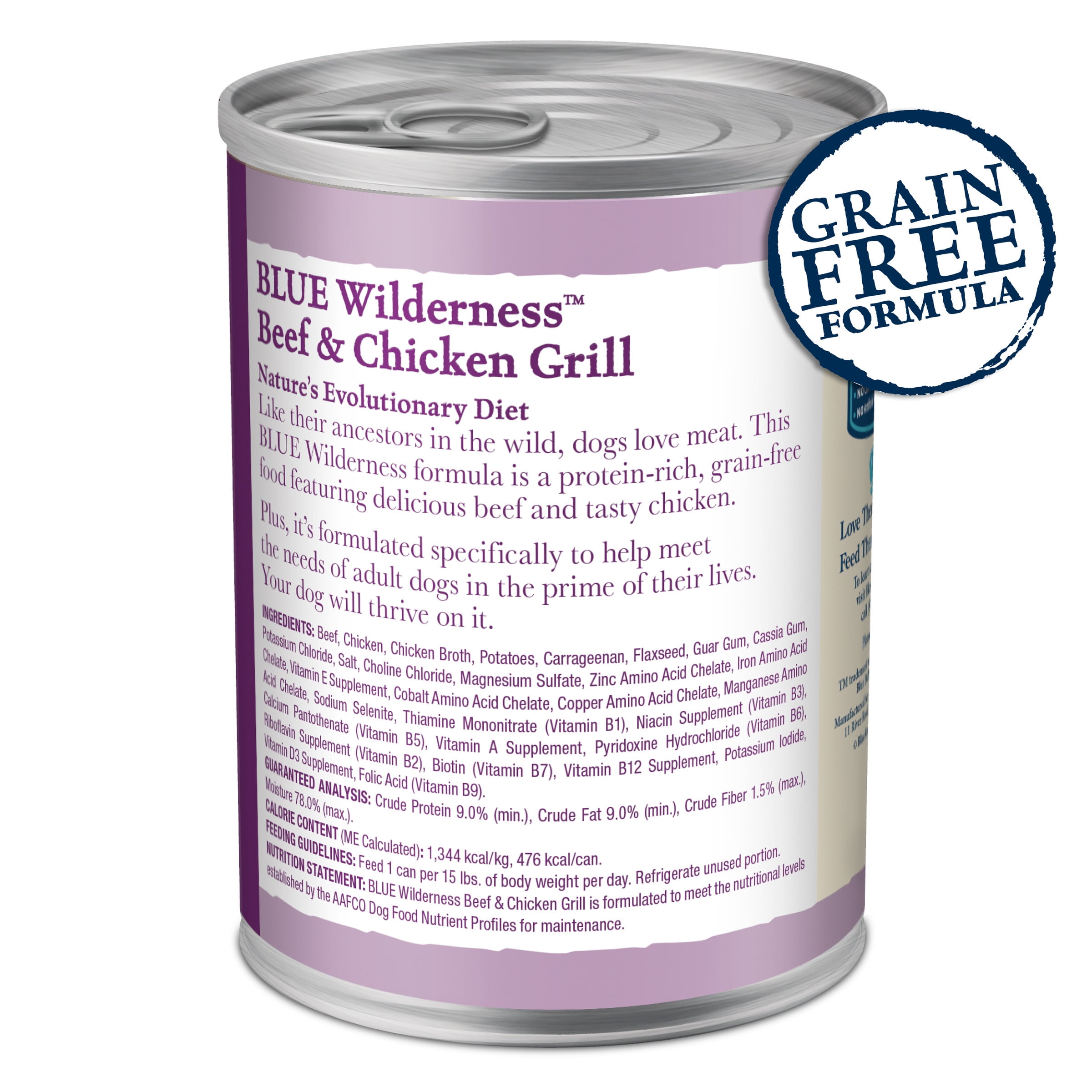 (12 pack) Blue Buffalo Wilderness High Protein Beef and Chicken Wet Dog Food for Adult Dogs, Grain-Free, 12.5 oz. Can