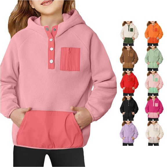 Tanghaowl Kids Sweatshirts Cute Hoodies for Girls Color Block Hooded Sweatshirt Girl Winter Warm Button Down Pullover Jackets for Cold Weather Pink 11-12 Years