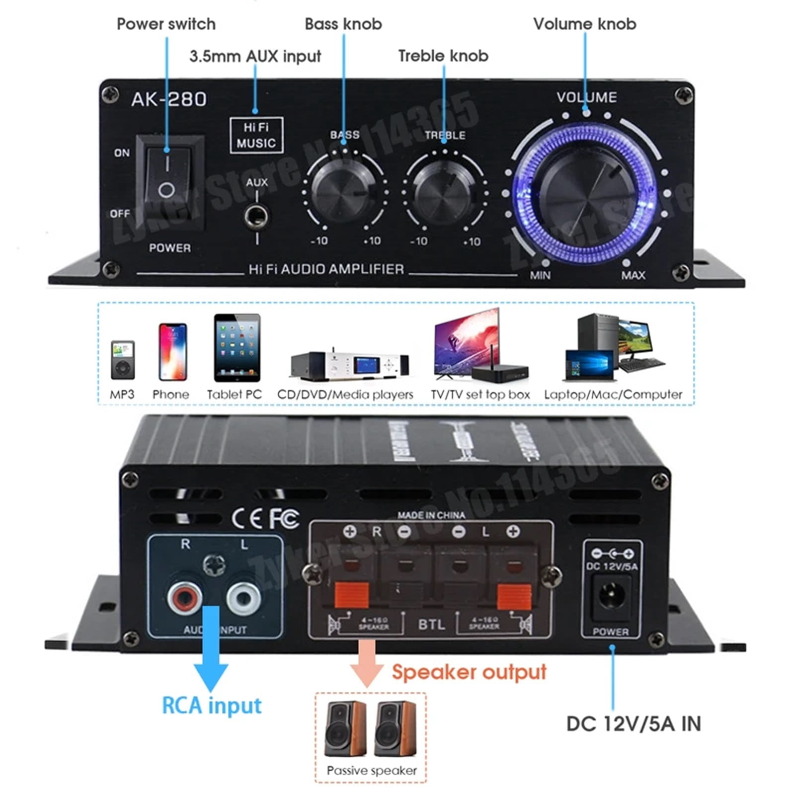 Audio Amplifiers For Car Home Bass 2.0 Channel Hifi Sound Amplifier Home Digital 12V Mini Treble Power Amplify