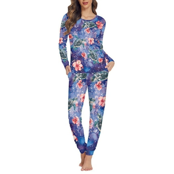 FOR U DESIGNS Flower Sea Turtle Pajama Set Long Sleeve for Womens Lounge Sets 2 Piece Size XS Sleepwear Long Pants and Crewneck Tops Jogger Outfits Nightwear Pjs
