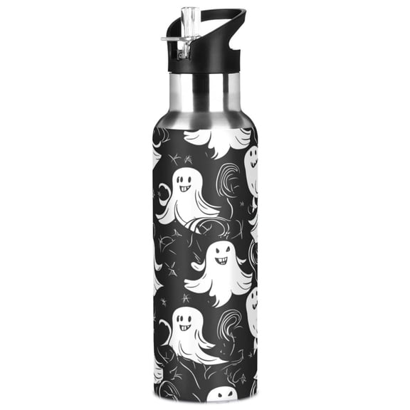 1000ml Vacuum Insulated Sports Water Bottle with Foldable Straw Stainless Steel Portable Thermos Cup Ghosts Pattern