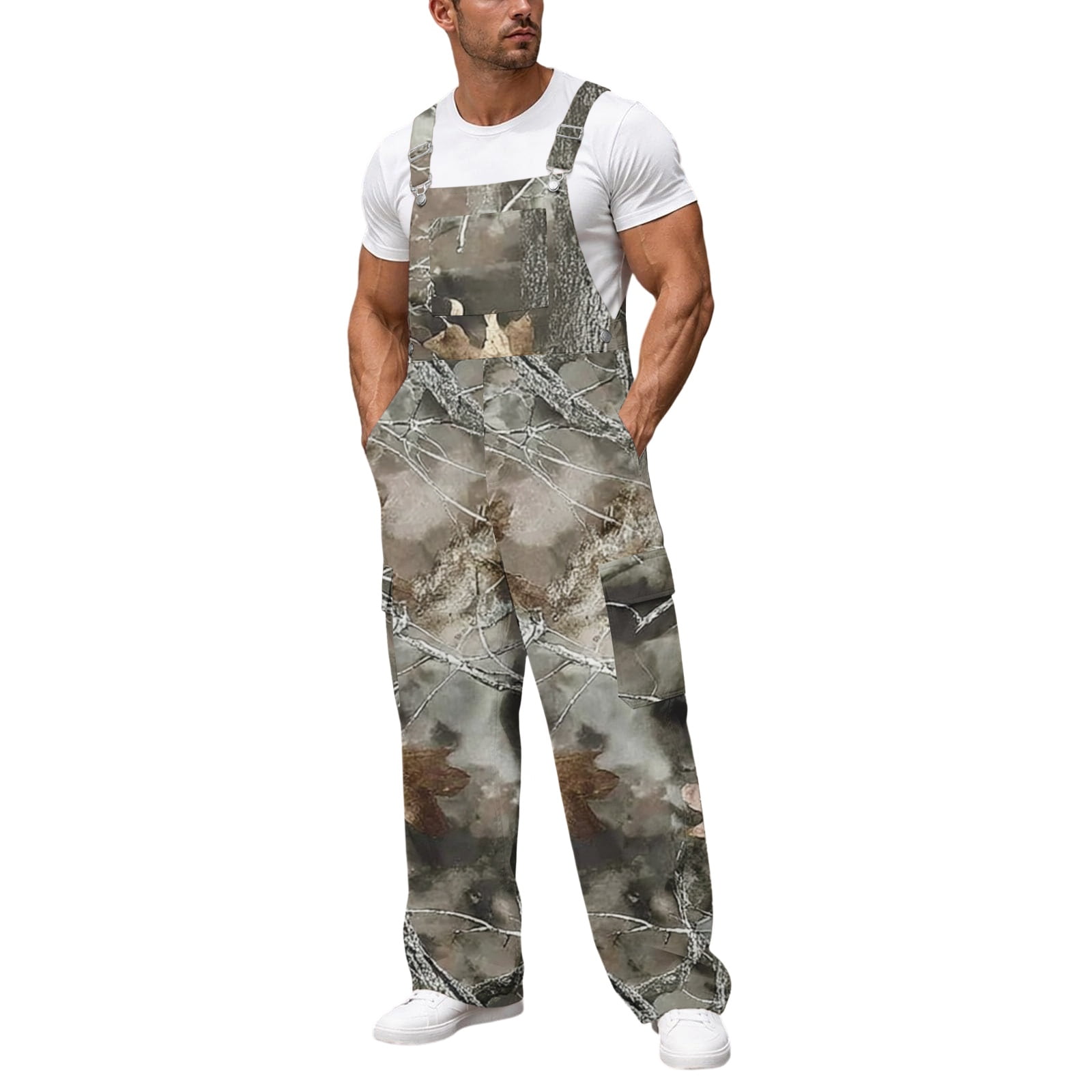 Havenx Men s Camo Bibs Overalls Adjustable Straps Decayed Leaf Print Wide Leg Overall with Cargo Pockets Camouflage Jumpsuit Hunting Fishing Outdoor Camping Work Clothes