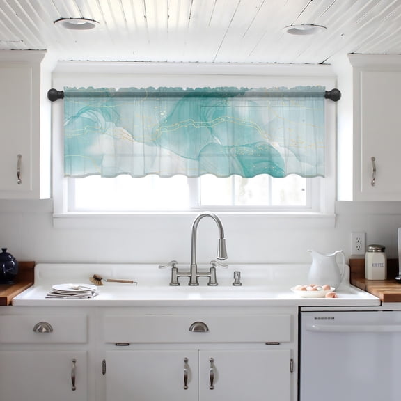 Marble Aqua Rod Pocket Small Topper Half Short Window Curtains Voile Sheer Scarf Valance Curtains for Kitchen/Living Room/Bathroom/Bedroom Window