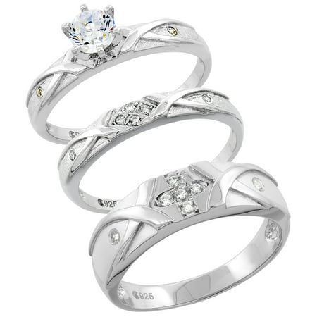 Sterling Silver Cubic Zirconia Trio Engagement Wedding 