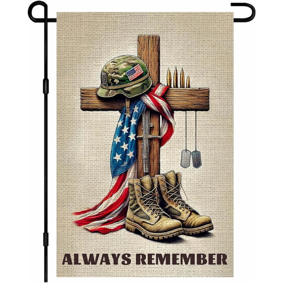 Patriotic Garden Flag 12x18 Inch Double Sided Burlap Military Cross Boots American Flag Design Outdoor Yard Flag for Porch Lawn Patio Independence Day Decor