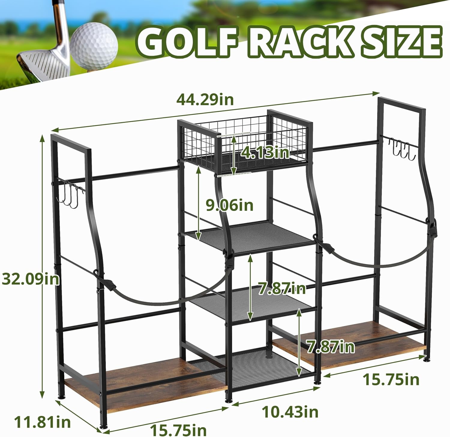 X-COSRACK Golf Bag Storage Organizer for Garage, Fits 2 Bags, Heavy-Duty Metal & Wood Equipment Stand with 3-Tier Shelves, Black
