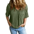 thumbnail image 1 of Camiseta holgada de manga corta con cuello en V y color liso para mujer - Algodón y lino suaves, blusa informal bordada, 1 of 8