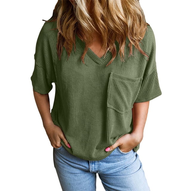 Camiseta holgada de manga corta con cuello en V y color liso para mujer - Algodón y lino suaves, blusa informal bordada