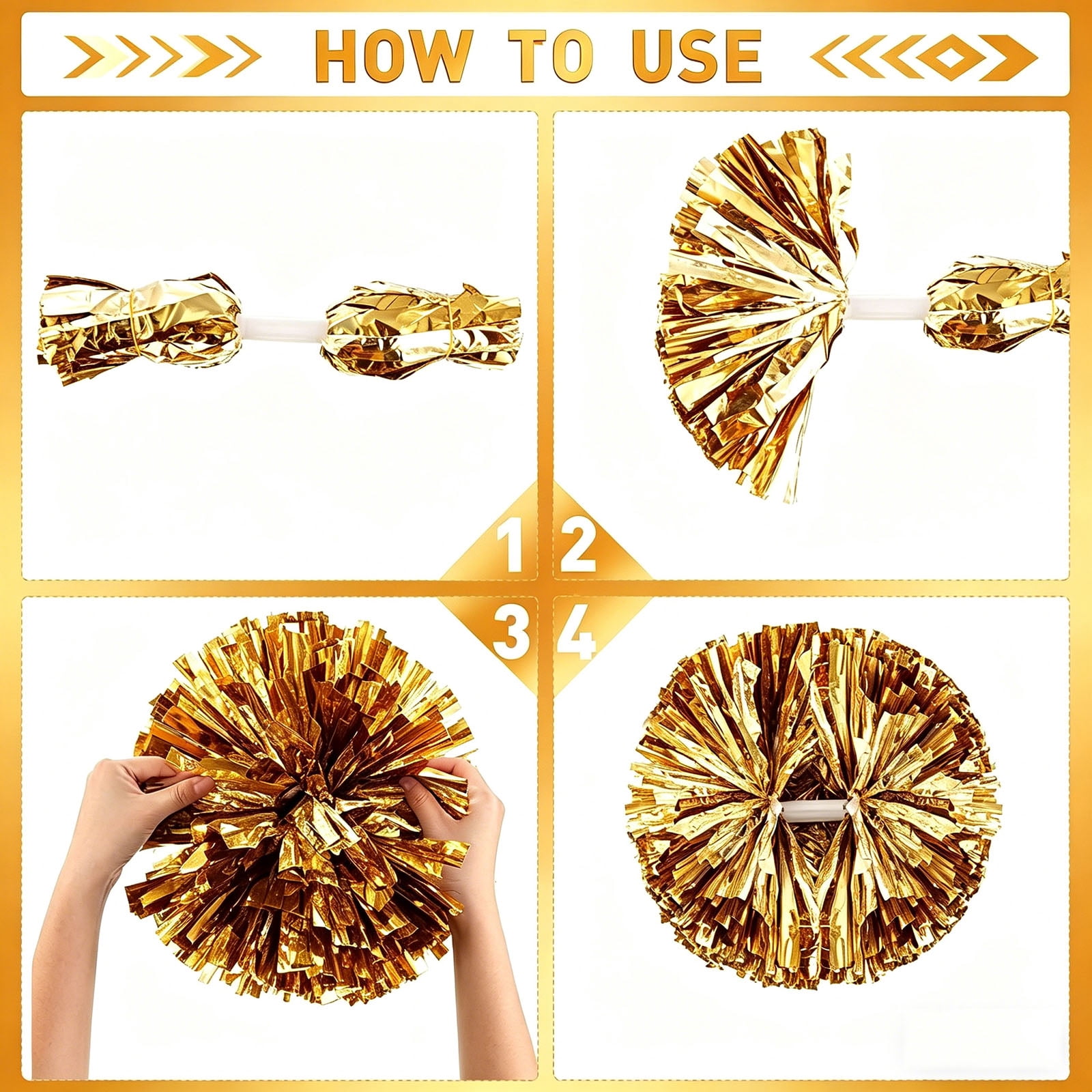 14 Inch Large  Cheerleading Pom Poms, Metallic Shiny Double Head Cheer Pom Poms with Comfort Grip Handle for Sports Party Festival（2 pcs)