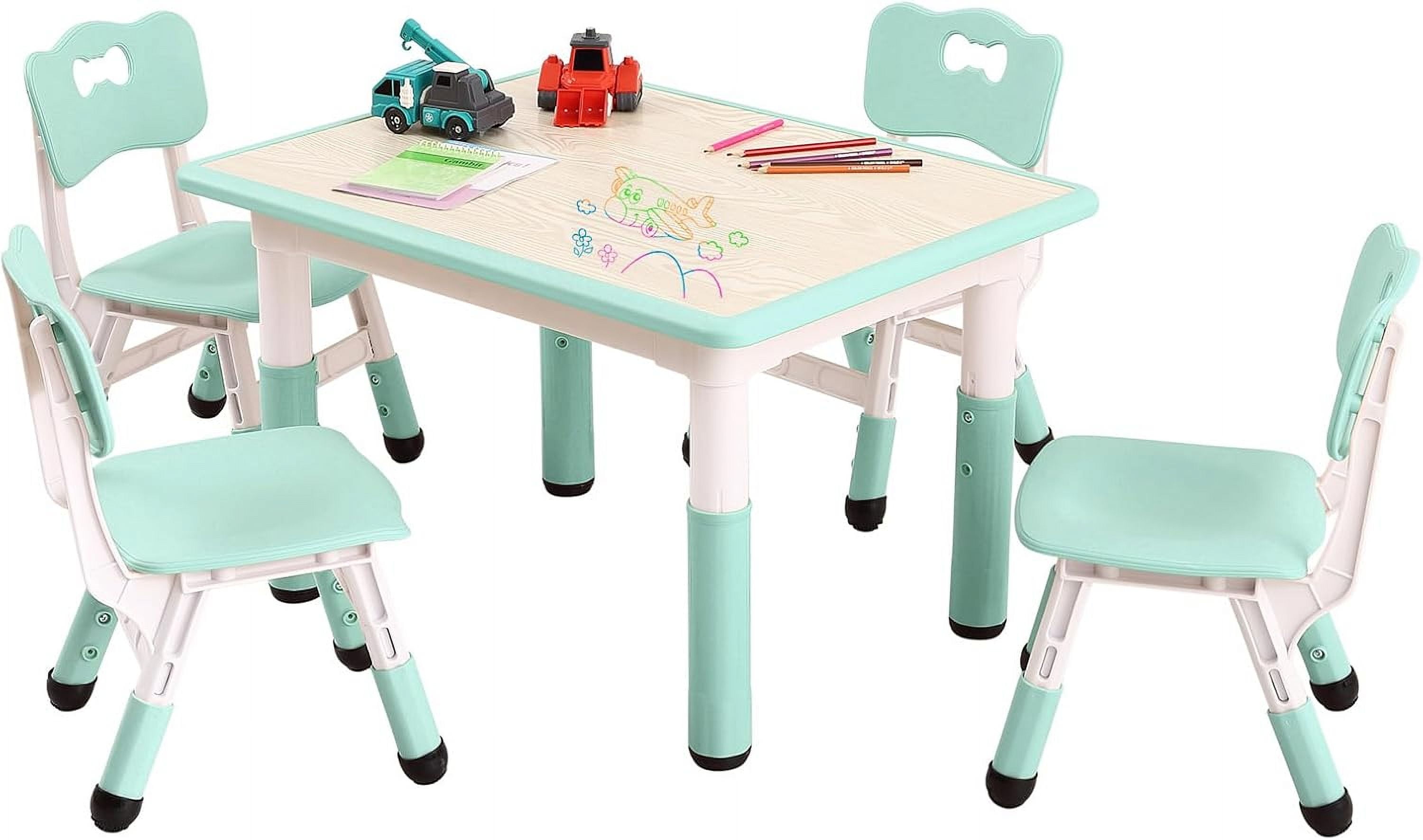 Lumiparty Kids Table and Chairs Set, Height Adjustable Toddler Table and 4 Chairs, Children Multi-Activity Table with Graffiti Desktop Non-Slip Legs for Ages 2-10, for Daycare, Home, Light Blue