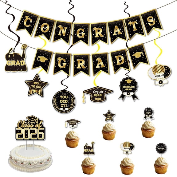 College Graduation Decorations BlueandGold, Graduation Banner 2026, Cake Topper Decorations, Hanging Swirl Set, Indoor Gathering Decor Pack