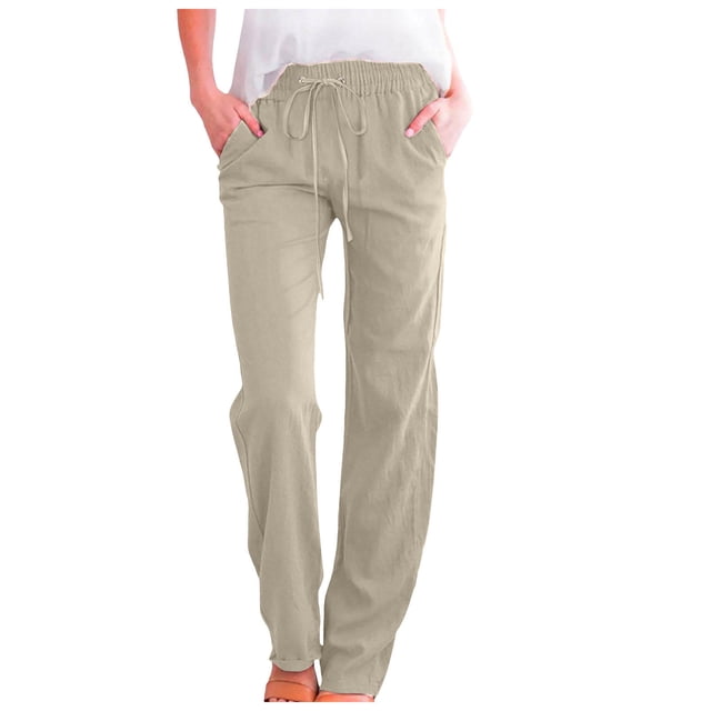 Pantalones de mujer de cintura alta y pierna ancha con cordón elástico - Poliéster, estilo informal, bolsillos - S-XXL
