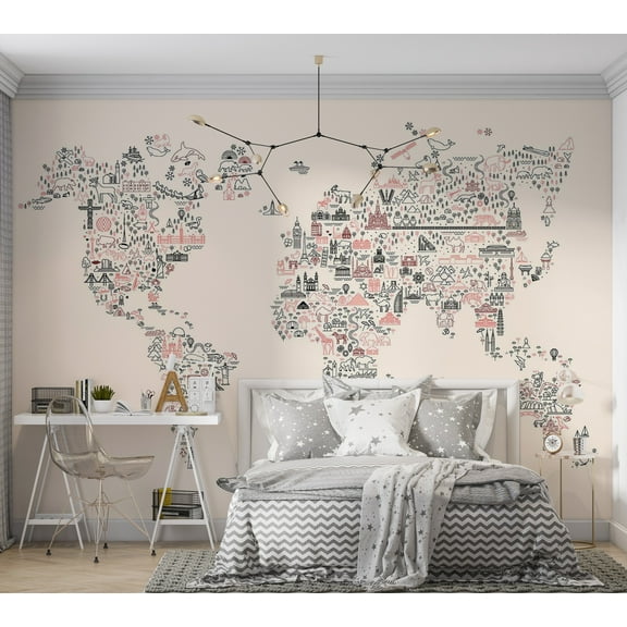 Kids Wallpaper Wall Mural - World Map With Icons